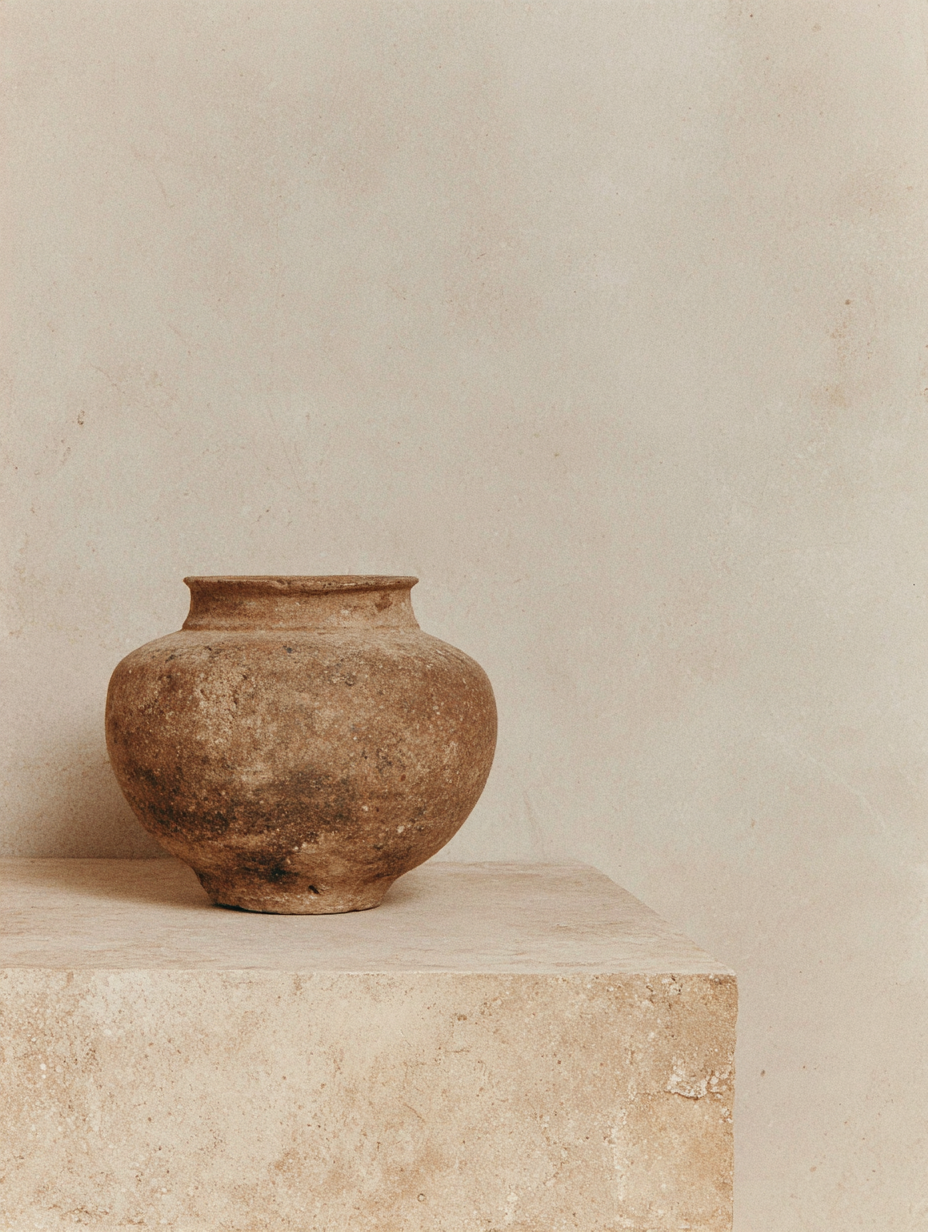 Rustic clay vase on stone pedestal