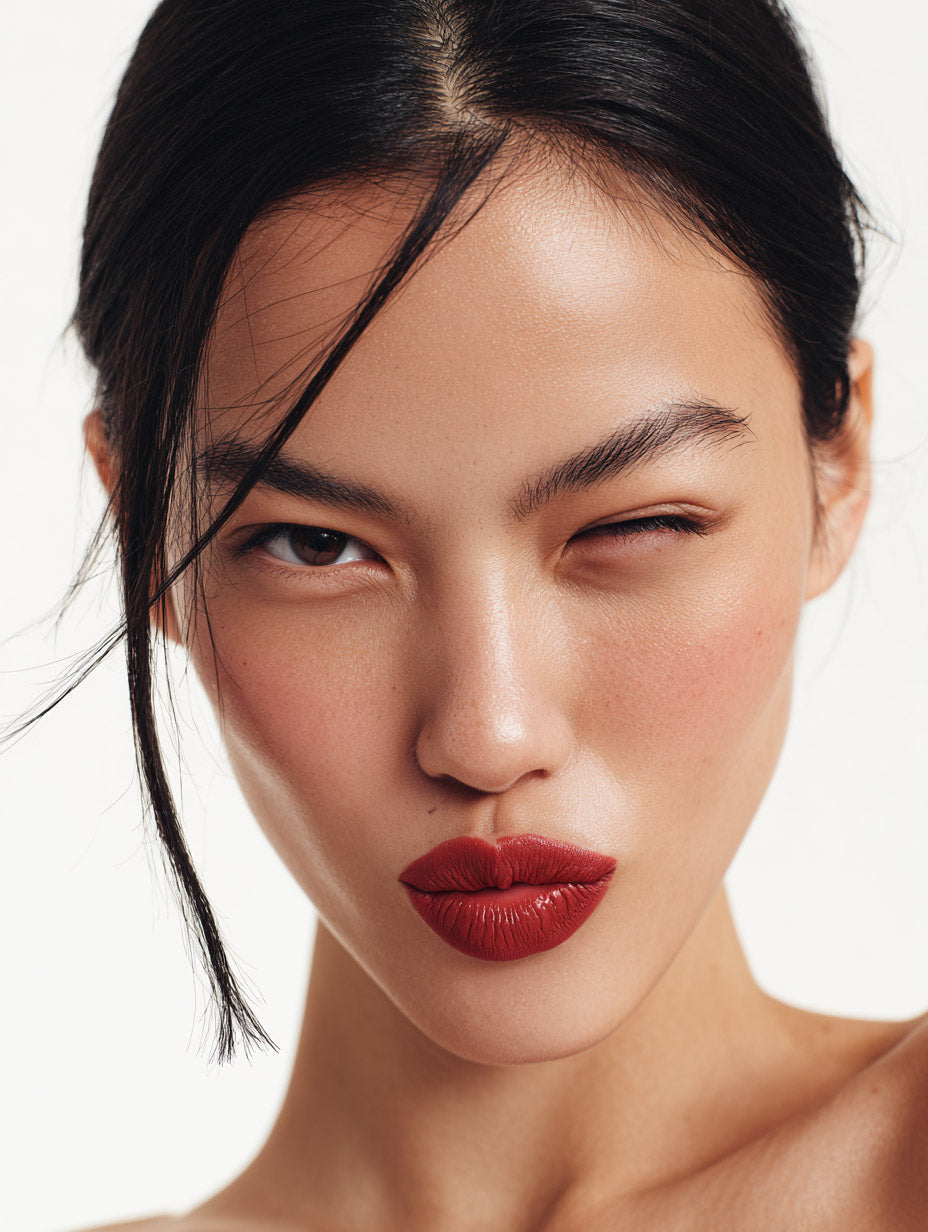 Beauty portrait of Asian model with sleek hair, bold red lipstick, and minimalist makeup on white background — MakeStories.com