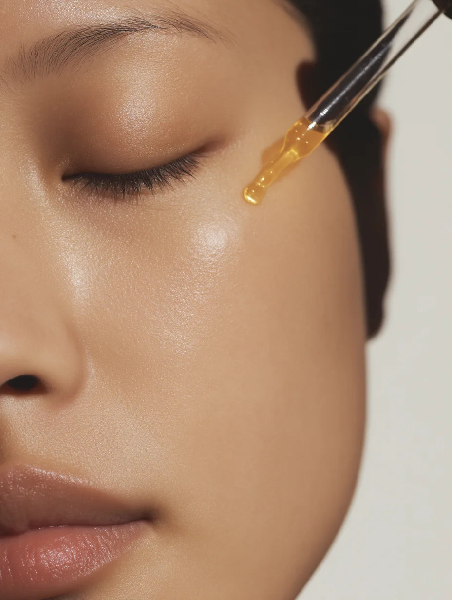 asian woman applying golden face serum from dropper stock image editorial