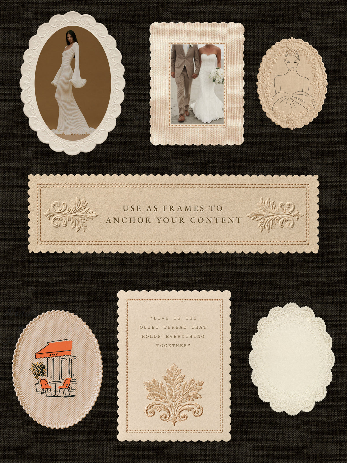 Beige and ivory lace doily frames with scalloped edges displaying wedding photos, illustrations, and quotes on a dark textured background.⠋