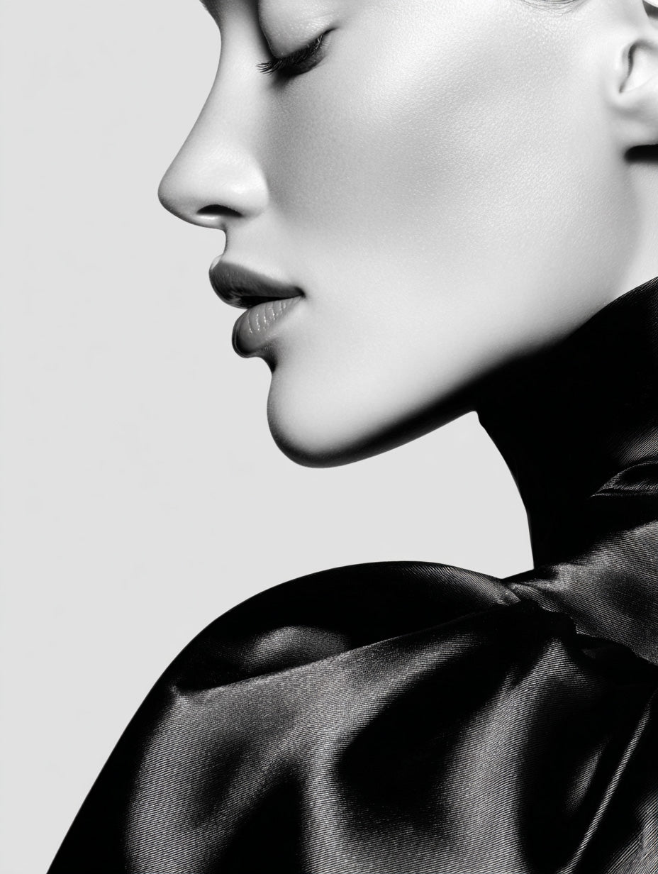 Monochrome profile portrait of a woman with smooth skin and a glossy black satin dress, minimal background.