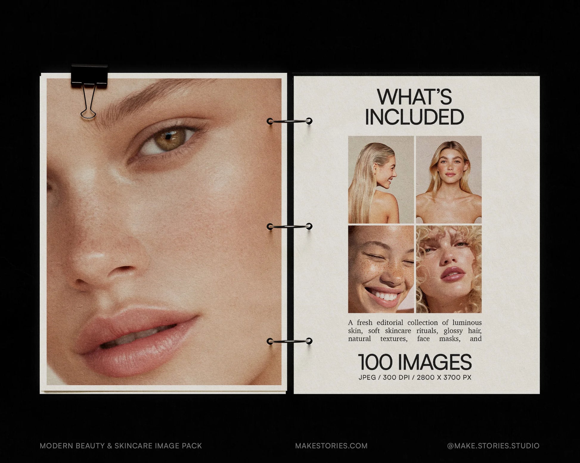 modern beauty and skincare image pack with a close-up of a face and product details.