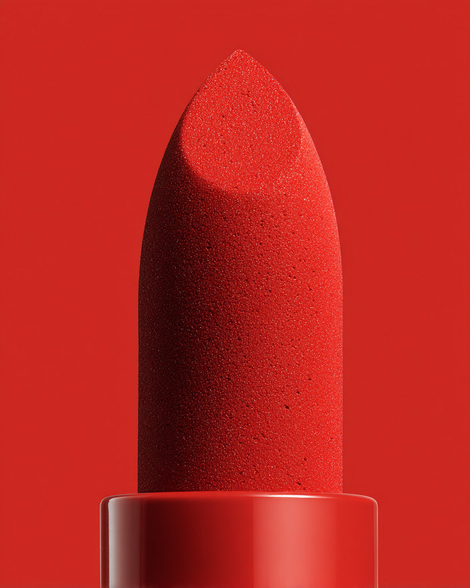 Close-up macro photo of a bold red lipstick against a seamless red background.