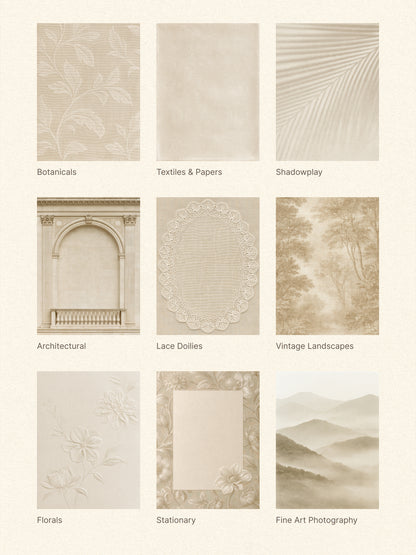A grid of nine sepia-toned texture and print samples labeled Botanicals, Textiles & Papers, Shadowplay, Architectural, Lace Dollies, Vintage Landscapes, Florals, Stationary, and Fine Art Photography on a light beige background.