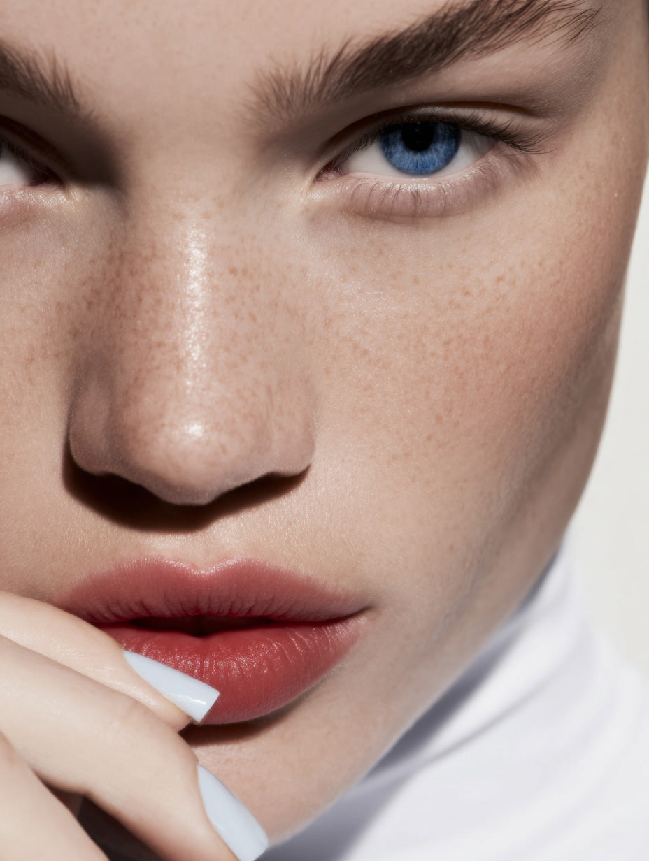 Close-up portrait of a person with striking blue eyes, freckles, and natural lips, touching their face with manicured nails.