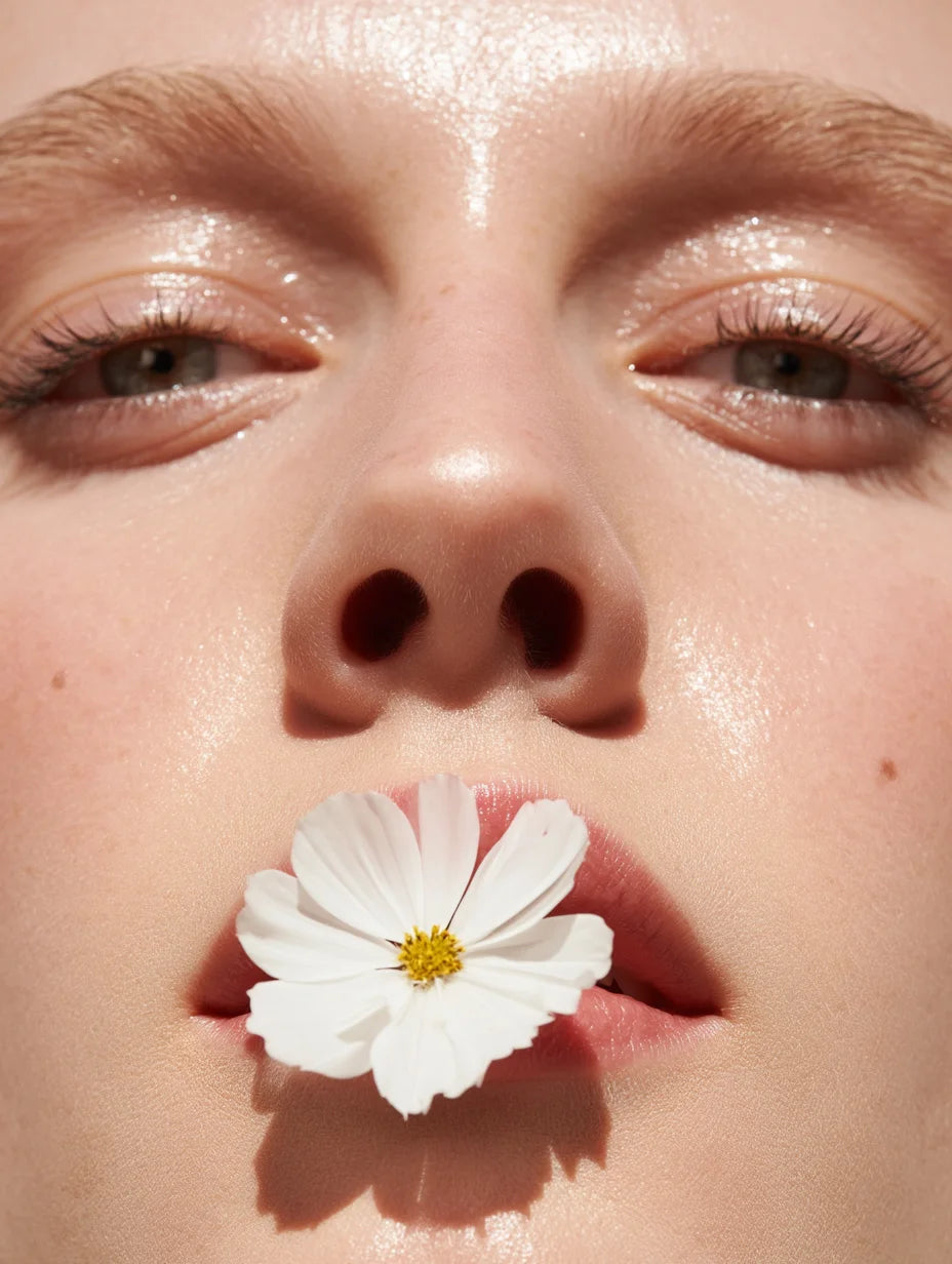 Dewy Glowing Skin Beauty Closeup with white flower