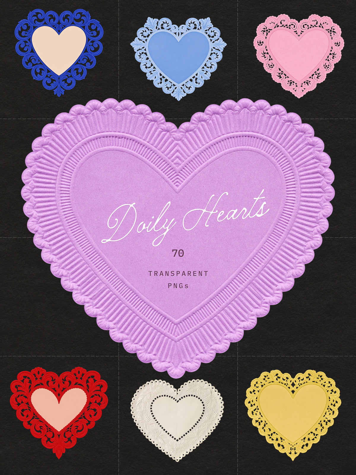 A digital preview sheet for a clipart pack titled 'Paper Lace Doily Hearts' showing multiple heart-shaped doily designs in blue, light blue, pink, red, cream, and yellow on a dark background, with a large central lavender heart preview.