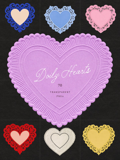 A digital preview sheet for a clipart pack titled 'Paper Lace Doily Hearts' showing multiple heart-shaped doily designs in blue, light blue, pink, red, cream, and yellow on a dark background, with a large central lavender heart preview.