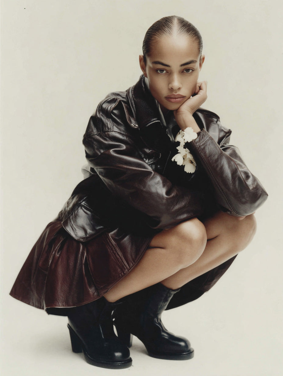 woman crouching in brown leather coat and boots