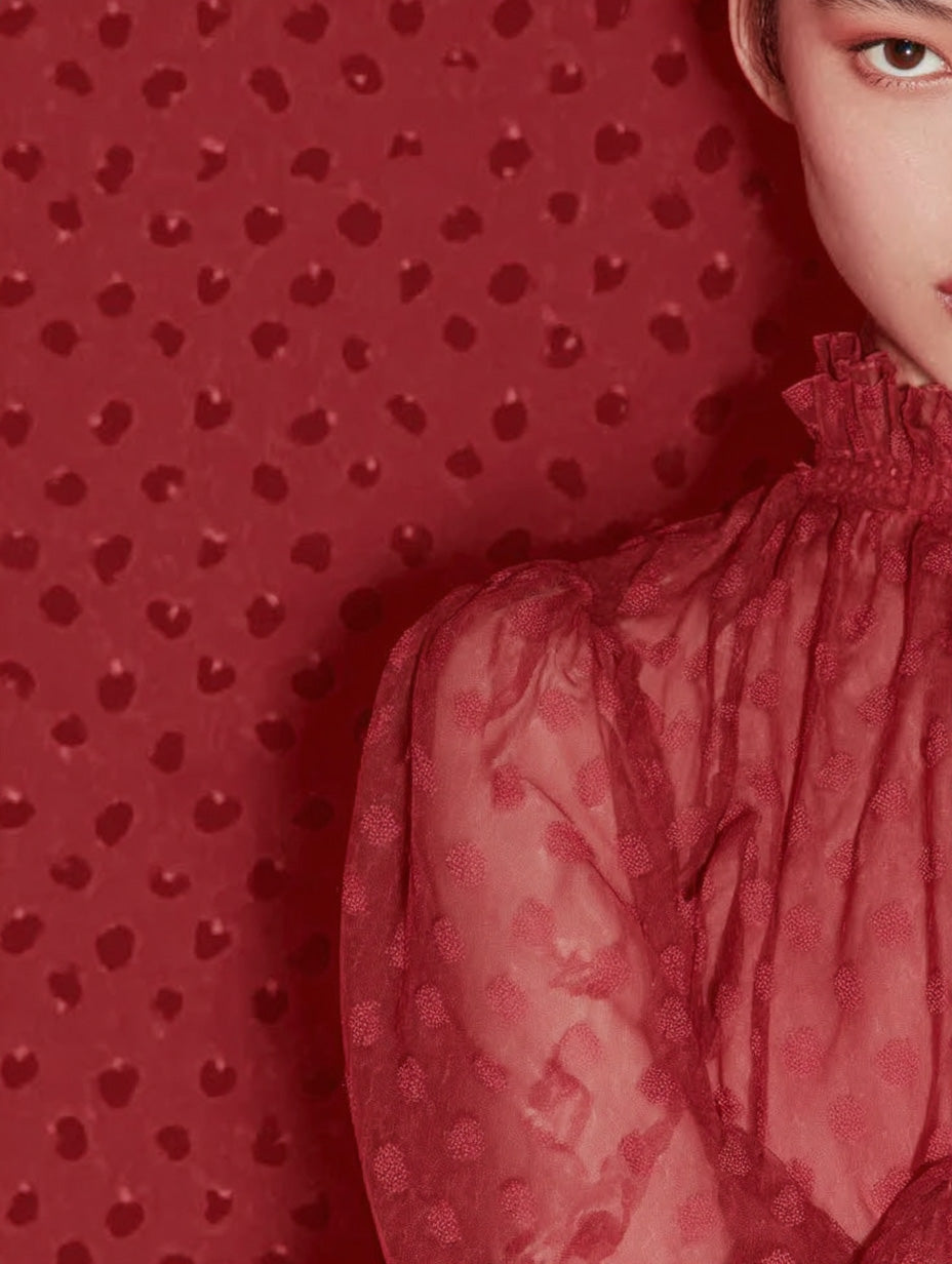 Free stock image Editorial portrait of a woman in a sheer red dress with a ruffled neckline standing against a red textured background.