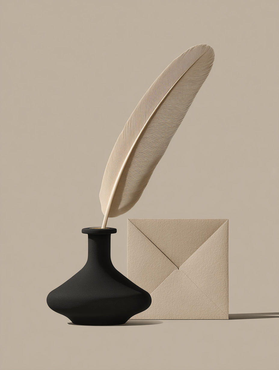 Minimal still life of a beige feather in a black ink pot placed beside a textured kraft envelope on a neutral background.