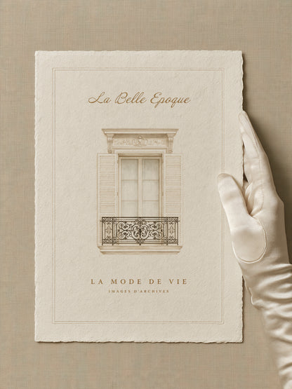Elegant gloved hand holding deckled paper featuring a vintage French balcony illustration in a neutral beige aesthetic the words are La Belle Epoque La Mode de Vie Images d'archives