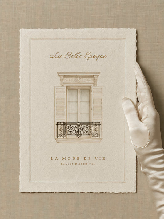 Elegant gloved hand holding deckled paper featuring a vintage French balcony illustration in a neutral beige aesthetic the words are La Belle Epoque La Mode de Vie Images d'archives