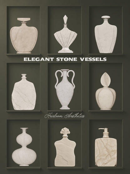 Nine sculptural cream stone vessels displayed in a three-by-three grid of dark olive niches, including antique-inspired vases, perfume bottles and a pump bottle. The design reads “Elegant Stone Vessels” and “Heirloom Aesthetics.”