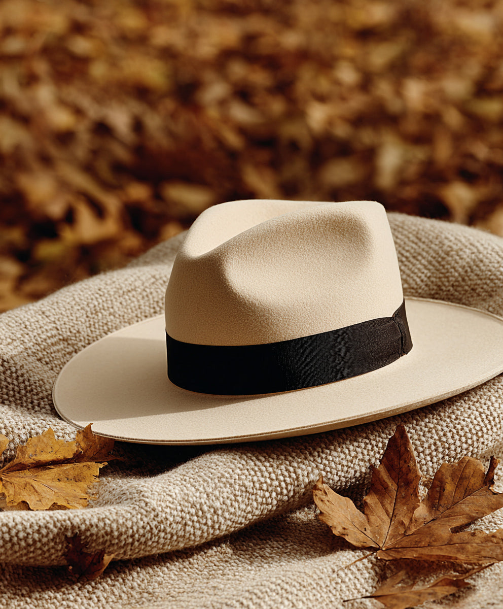 Autumn hat and leaves aesthetic with beige fedora hat faceless content aesthetic