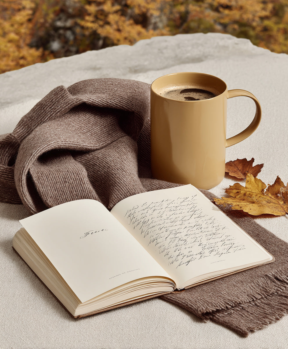 Cozy journaling nook with coffee autumn leaves faceless content aesthetic