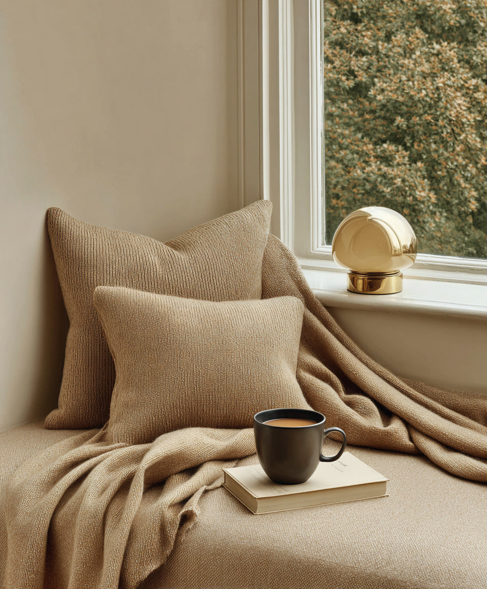 Cozy reading nook with coffee faceless content aesthetic