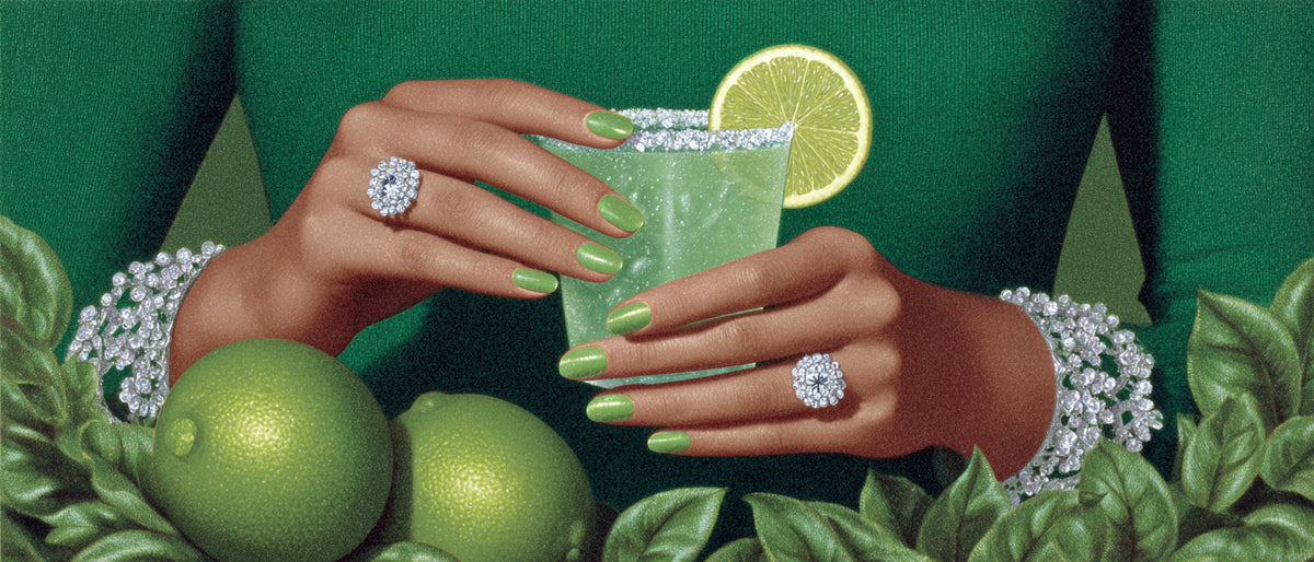 Green dress with lime margarita cocktail with fresh limes and sparkling diamond jewelry faceless content aesthetic