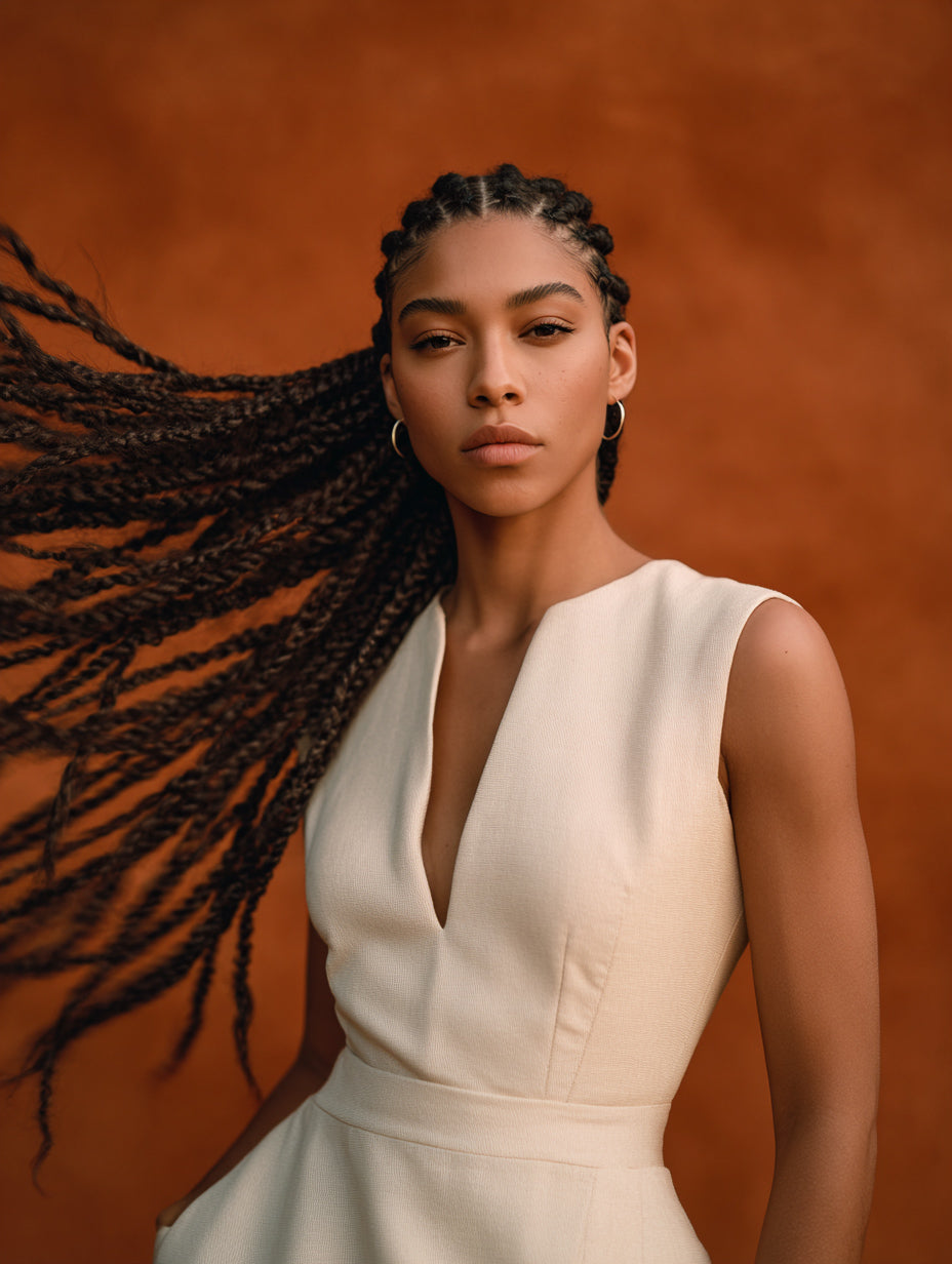 Confident melanin sporty woman posing in sleeveless cream outfit, braids sweeping sideways editorial AI photography