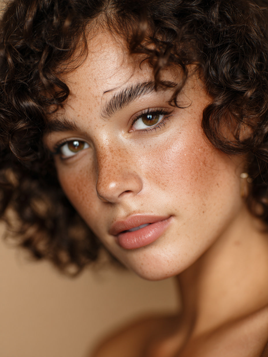 Young woman with curly brown hair, freckles, and glowing skin, natural beauty stock photo