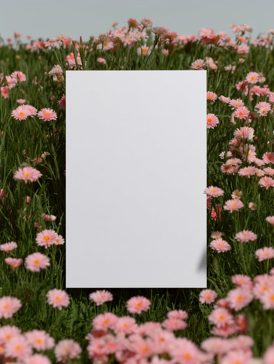 Poster mockup in blooming pink flowers and green grass