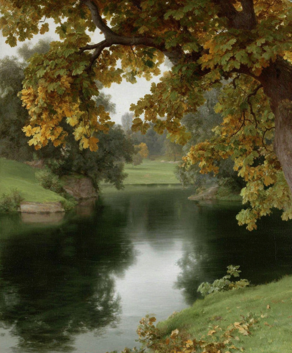 Peaceful nostalgic landscape river with autumn trees