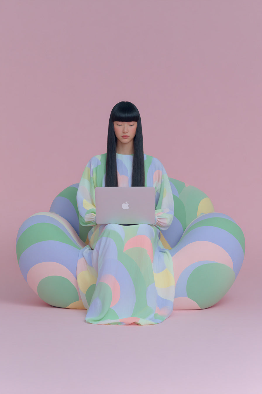 Asian woman in colorful pastel dress sitting on modern chair with laptop against pink background, creative stock photo