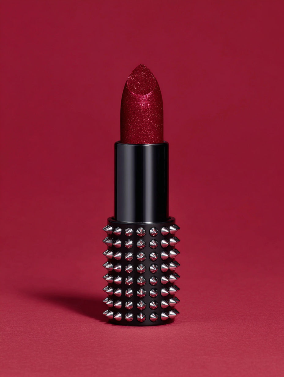 Red lipstick close-up with water droplets on surface, bold beauty stock photo