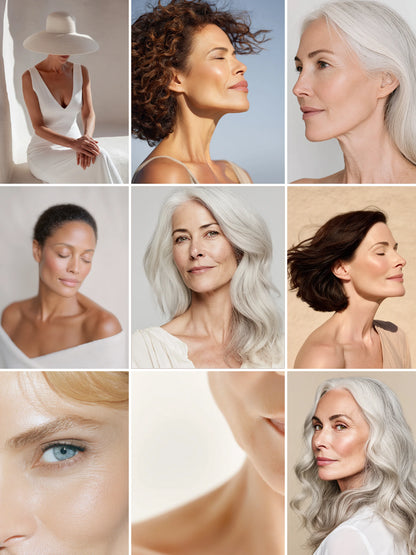 Collage of elegant older mature women with different hairstyles and skin tones against neutral backgrounds