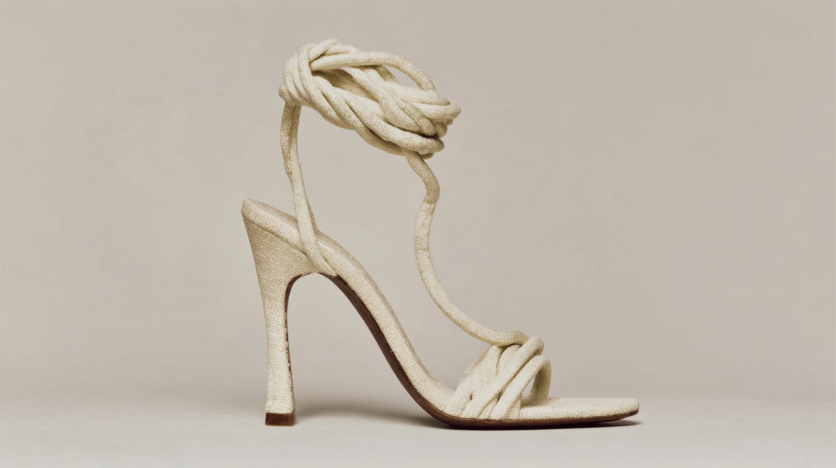 Free stock image Side view of an ivory high heel sandal with knotted straps photographed on a neutral background.