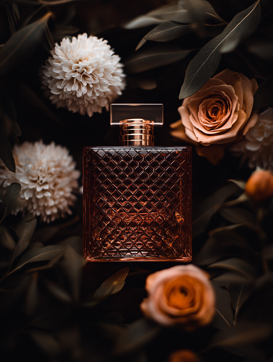 perfume bottle surrounded by roses and white flowers