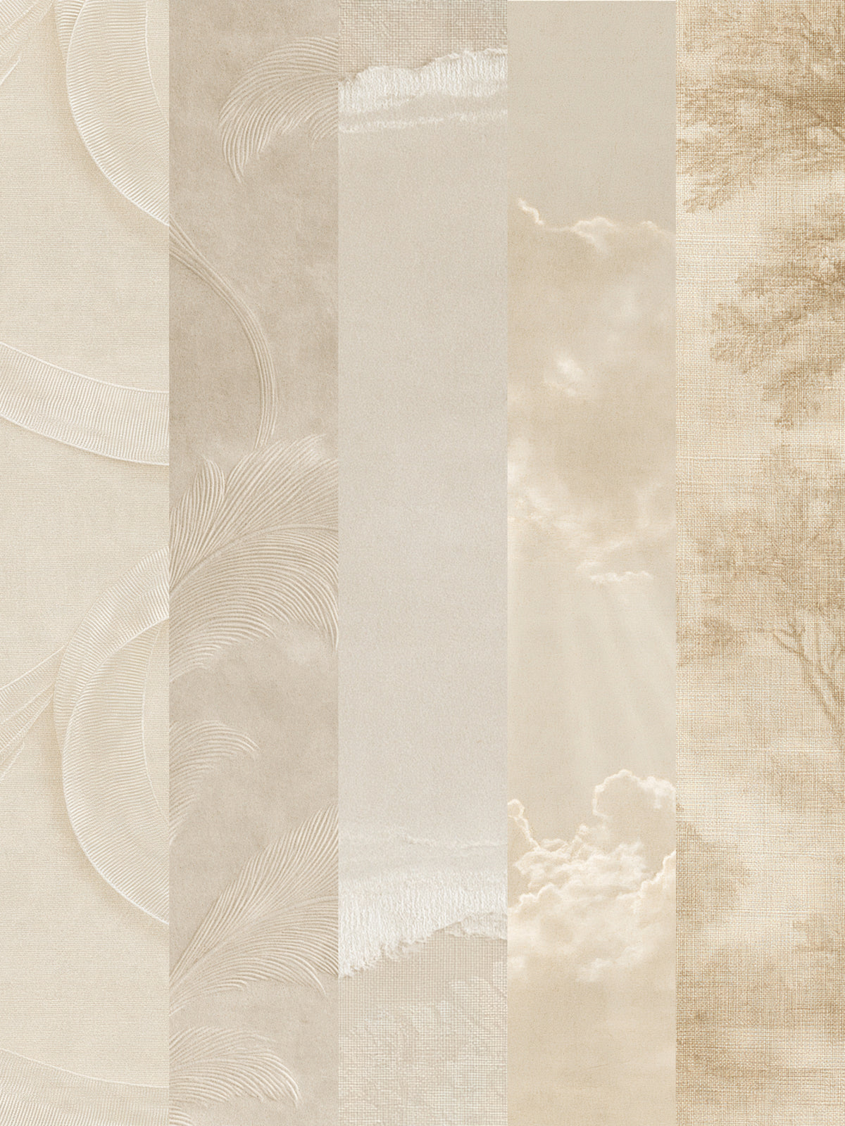 Beige and cream vertical striped wallpaper with subtle textured patterns including clouds, trees, and abstract leaf motifs.