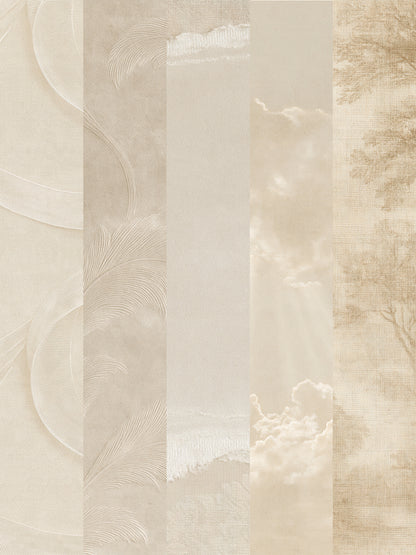 Beige and cream vertical striped wallpaper with subtle textured patterns including clouds, trees, and abstract leaf motifs.