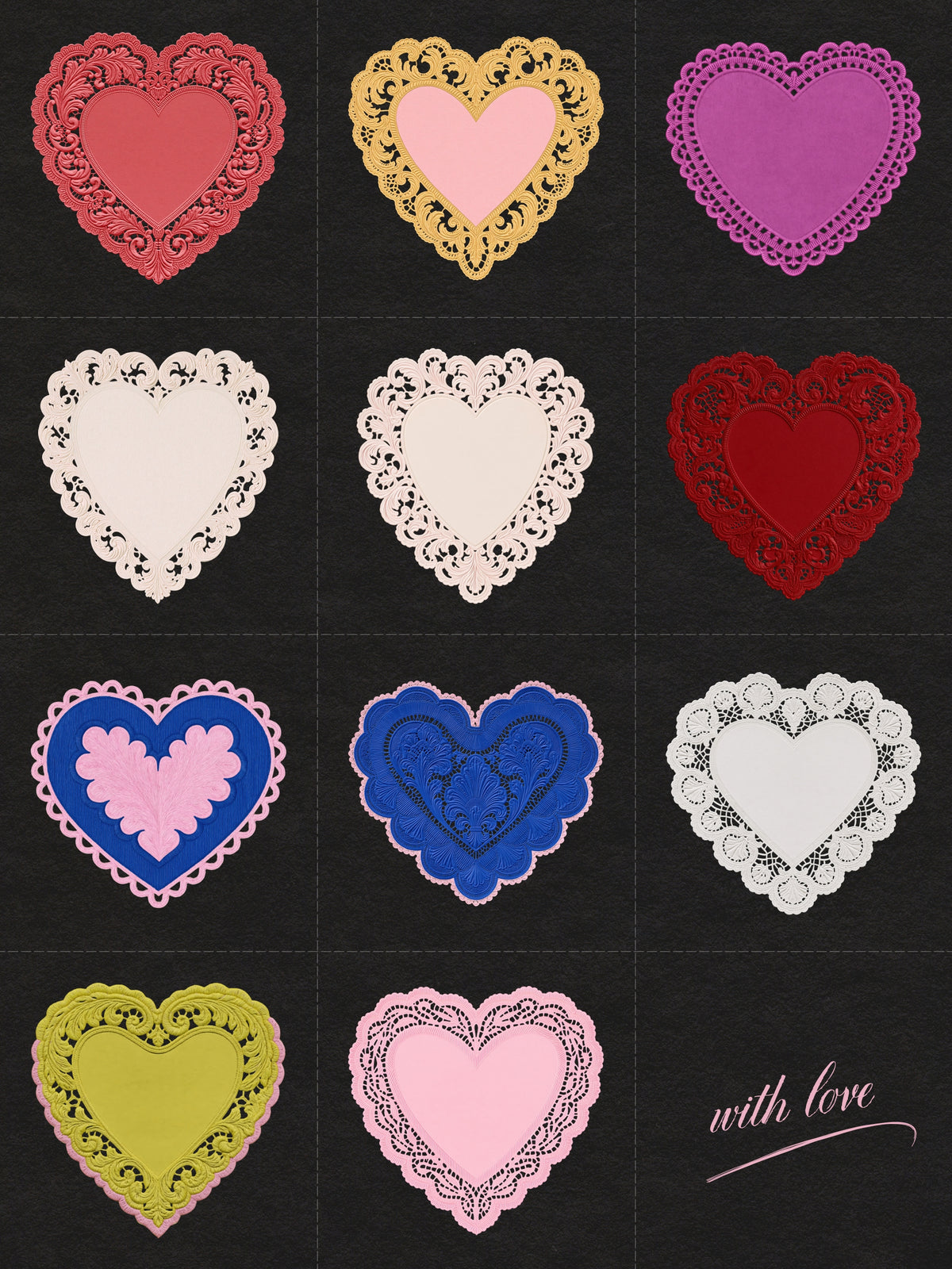 A grid of heart-shaped doily designs in multiple colors on a dark textured background, with the words 'with love' written in cursive in the bottom right corner.
