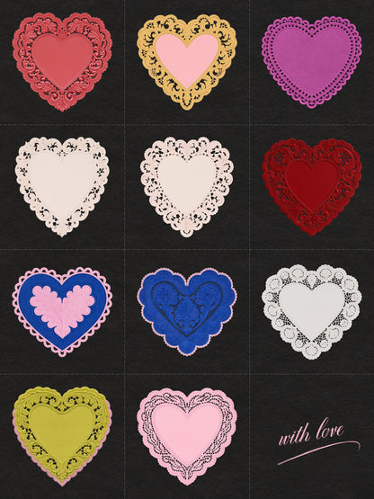 A grid of heart-shaped doily designs in multiple colors on a dark textured background, with the words 'with love' written in cursive in the bottom right corner.