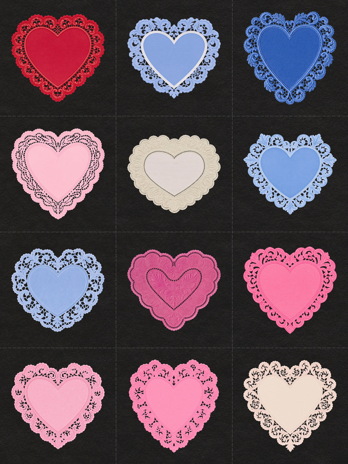 grid of heart-shaped doily frames stickers on a black background, featuring red, light blue, dark blue, pink, cream, and magenta hearts with lace-like borders.
