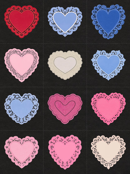 grid of heart-shaped doily frames stickers on a black background, featuring red, light blue, dark blue, pink, cream, and magenta hearts with lace-like borders.
