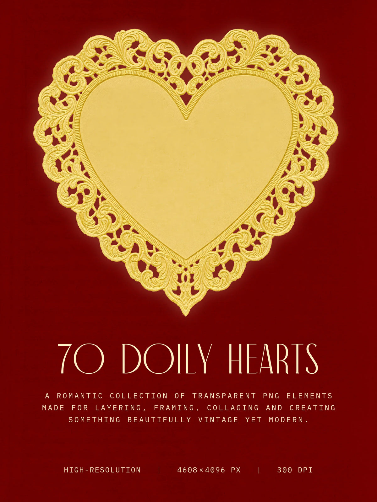 A digital graphic preview showing a large ornate gold heart on a deep red background, with the text '70 DOILY HEARTS' and smaller descriptive text below.