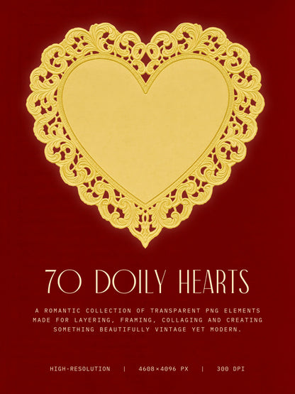 A digital graphic preview showing a large ornate gold heart on a deep red background, with the text '70 DOILY HEARTS' and smaller descriptive text below.