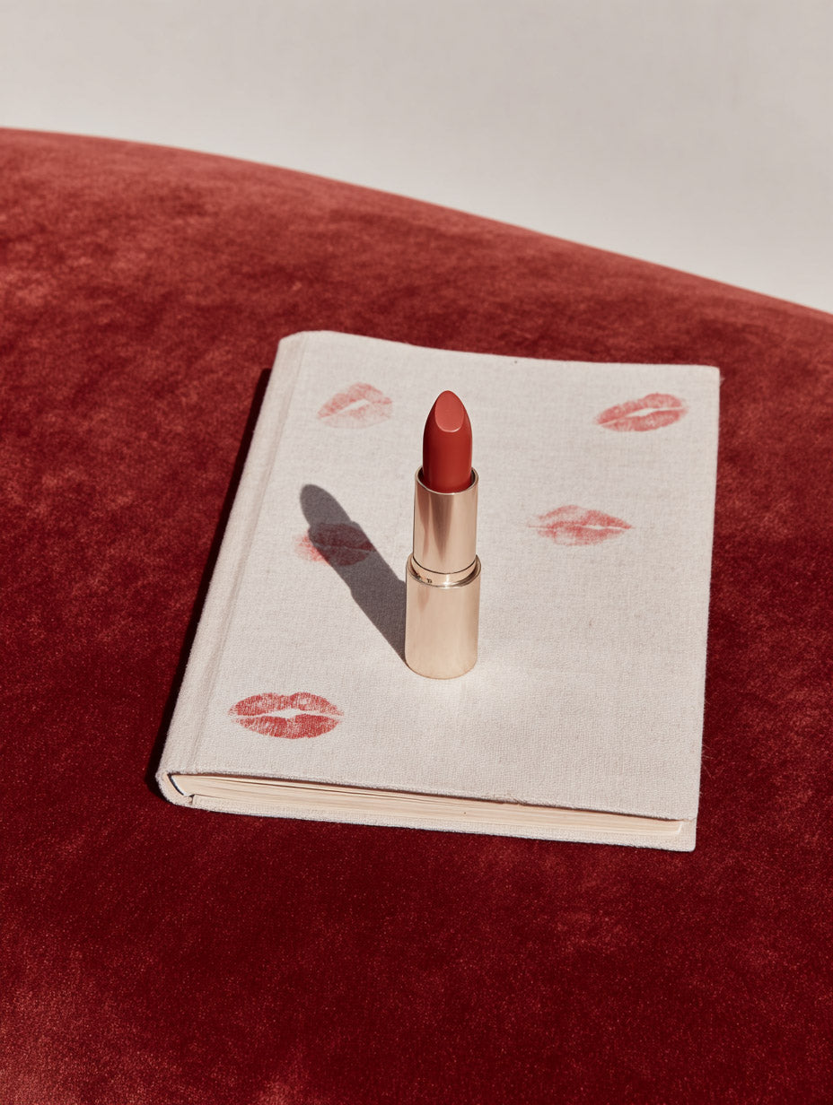Red lipstick placed on fabric book cover with kiss marks, styled on red velvet background — MakeStories.com