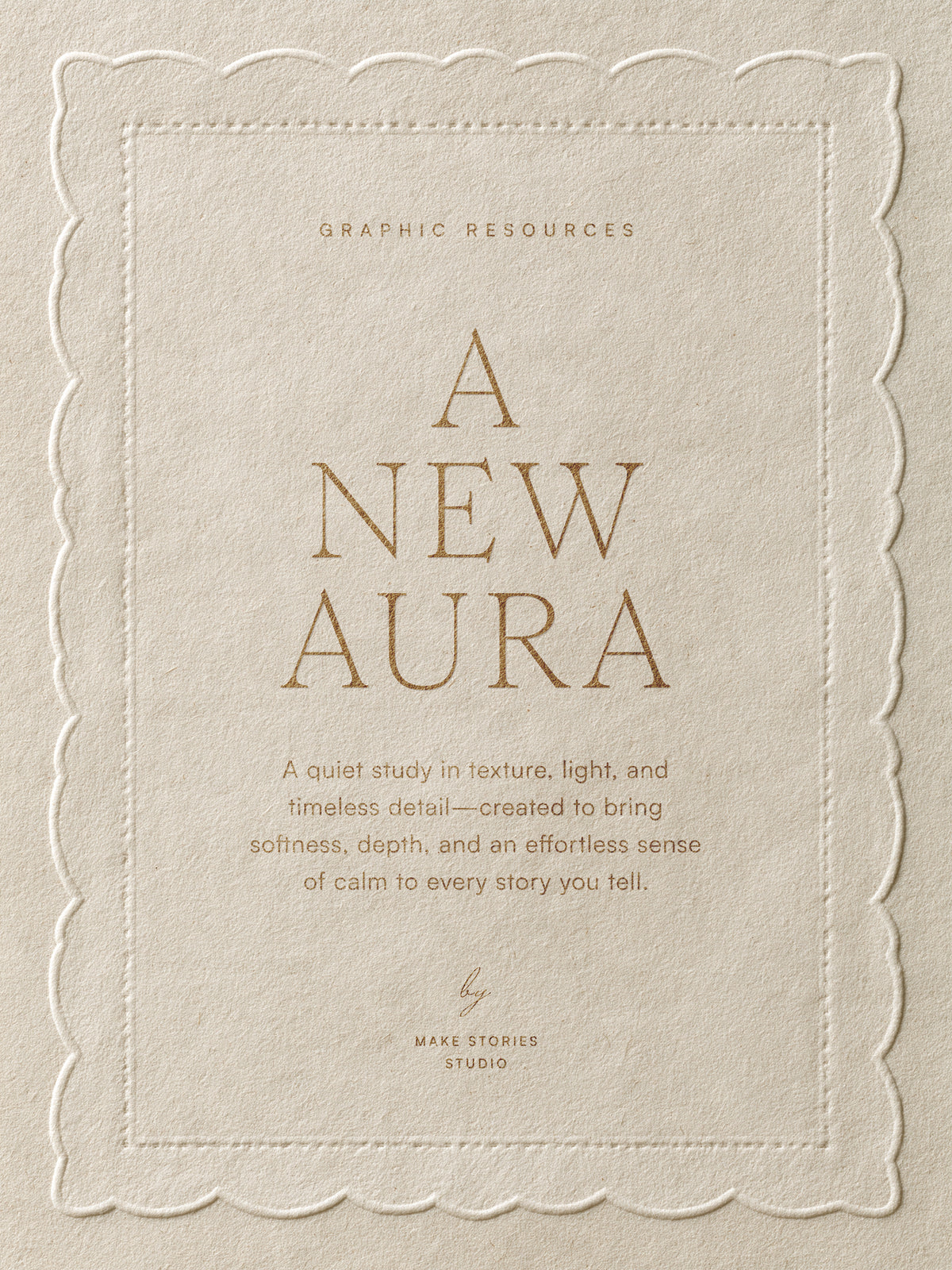 A square cream-colored graphic design card or poster with a scalloped border, featuring the text 'A NEW AURA' in a warm brown serif font, with smaller descriptive text below and 'GRAPHIC RESOURCES' at the top.