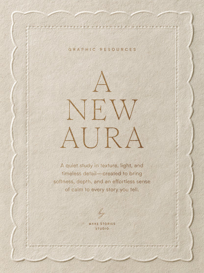 A square cream-colored graphic design card or poster with a scalloped border, featuring the text 'A NEW AURA' in a warm brown serif font, with smaller descriptive text below and 'GRAPHIC RESOURCES' at the top.