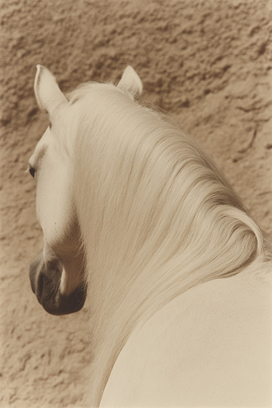 Free stock image Sepia-toned close-up portrait of a white horse facing away, showing its long flowing mane.