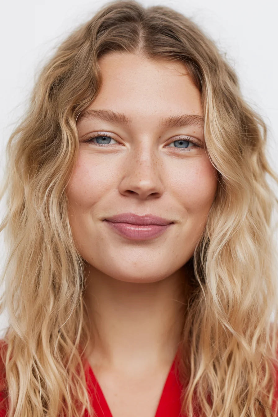natural beauty smiling blonde woman with wavy fine hair blue eyes stock photo