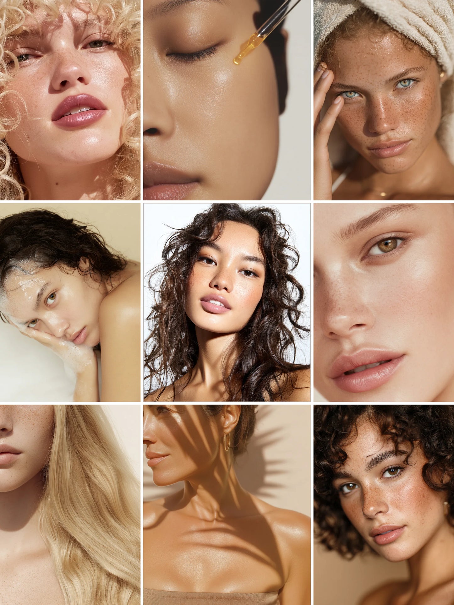Collage of summer beauty skincare models with diverse hairstyles and skin tones.