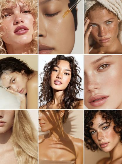 Collage of summer beauty skincare models with diverse hairstyles and skin tones.