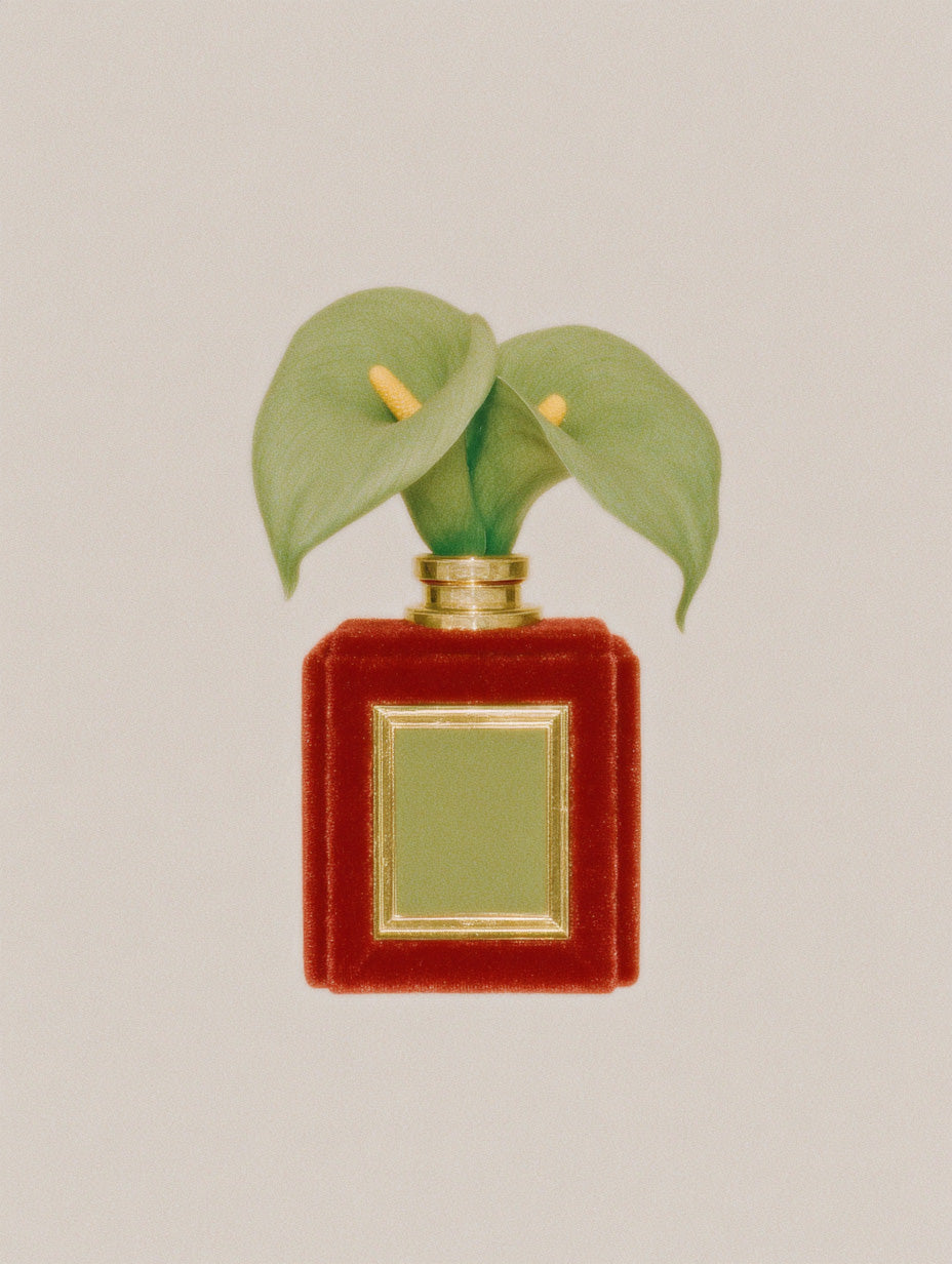 red perfume bottle with green calla lilies