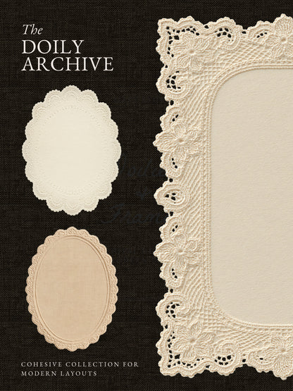 Two scalloped oval doilies in ivory and beige beside an enlarged rectangular frame with floral openwork lace and a textured cream center, on dark woven fabric. Text reads “The Doily Archive.”